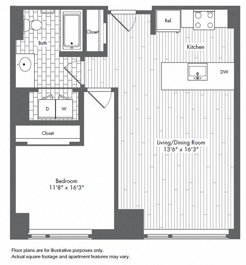 Floor plan for 1 bed, 1 bath, 715 sqft